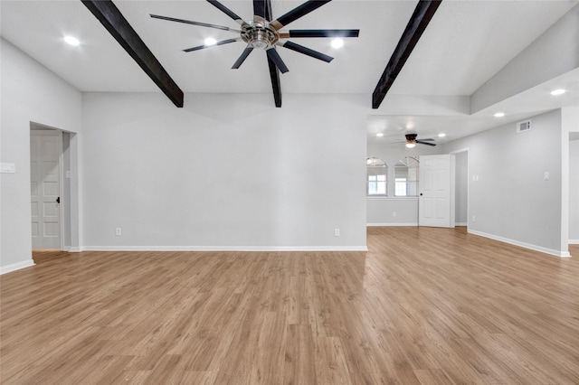 18330 Cape Bahamas Ln, Houston, TX 77058 - unfurnished living room with ceiling fan, visible vents, beam ceiling, and light wood-style flooring