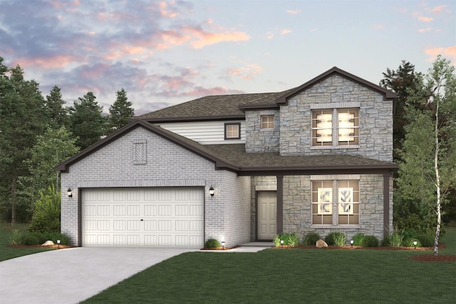 view of front facade featuring roof with shingles, brick siding, a garage, a lawn, and driveway