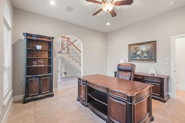 4014 N Rondelet Dr, Spring, TX 77386 - home office featuring light tile patterned floors, ceiling fan, recessed lighting, and visible vents
