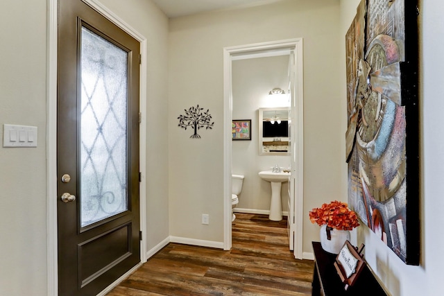 foyer with baseboards and dark wood-style flooring