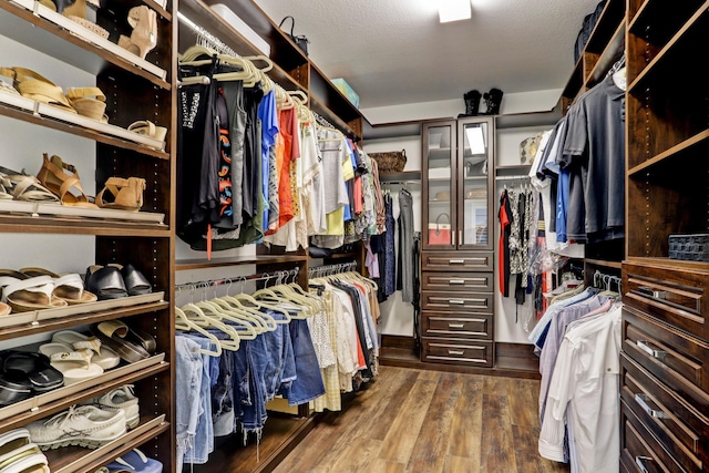 walk in closet featuring dark wood finished floors