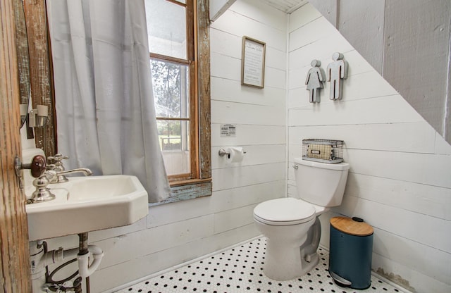 14203 Cypress Creek Blvd, Cypress, TX 77429 - bathroom featuring toilet, wood walls, a sink, and tile patterned floors