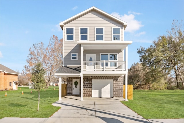 view of front of home with concrete driveway, brick siding, a front lawn, and a garage