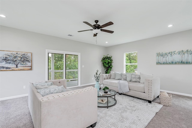 living room with recessed lighting, a ceiling fan, carpet, and baseboards