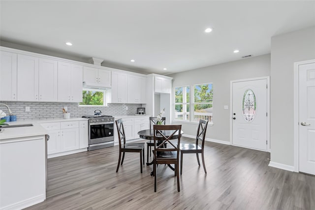 kitchen featuring backsplash, a sink, stainless steel gas range, light wood-style floors, and under cabinet range hood