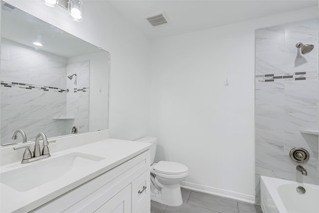 bathroom with tile patterned flooring, vanity, toilet,  shower combination, and visible vents