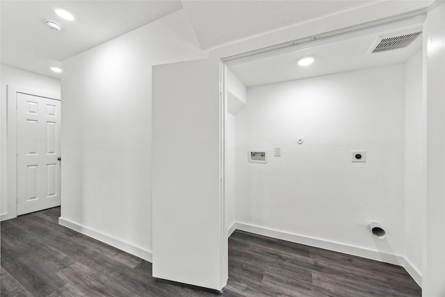 laundry area featuring visible vents, dark wood-style flooring, baseboards, hookup for an electric dryer, and hookup for a gas dryer