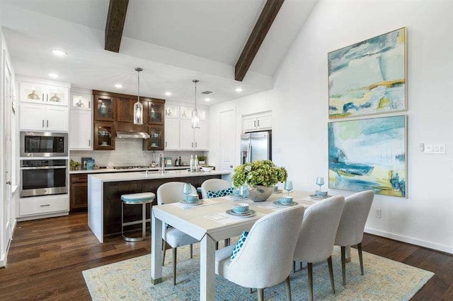 dining area featuring recessed lighting, lofted ceiling with beams, baseboards, and dark wood-style floors