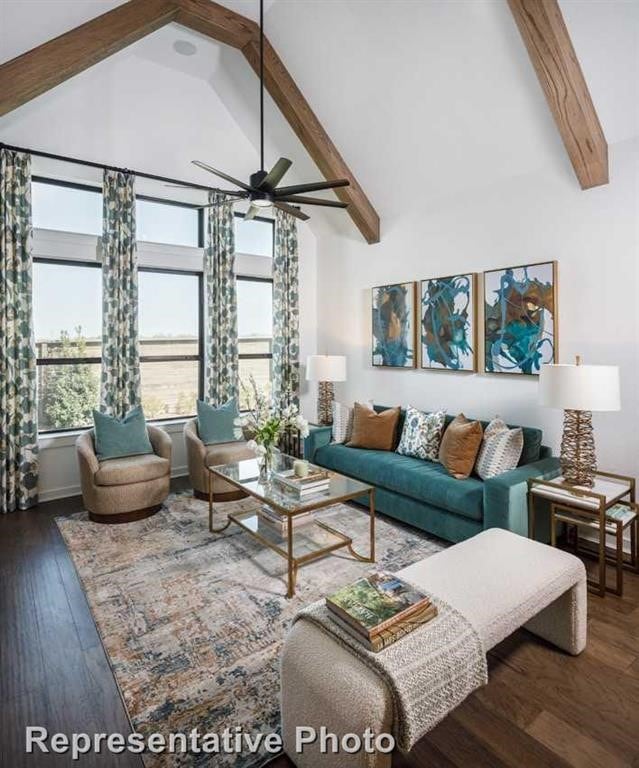 17708 Monarch Vista Ln, Conroe, TX 77302 - living area featuring high vaulted ceiling, beamed ceiling, wood finished floors, and ceiling fan