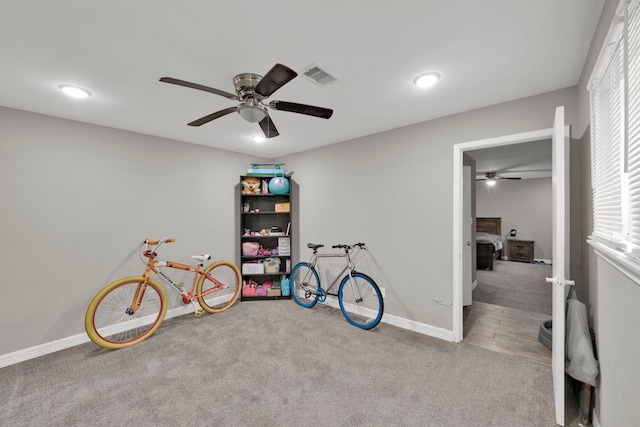 game room featuring visible vents, carpet flooring, baseboards, recessed lighting, and a ceiling fan