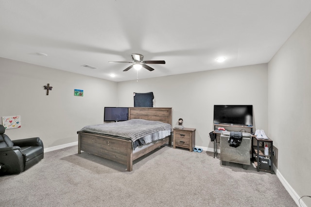bedroom featuring carpet floors, baseboards, visible vents, and ceiling fan