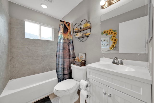 full bathroom featuring vanity, shower / tub combo, visible vents, and toilet
