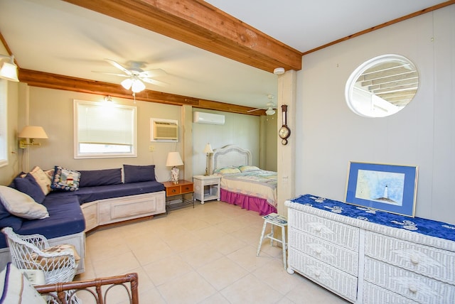 bedroom featuring a ceiling fan, a wall unit AC, light tile patterned flooring, and beam ceiling