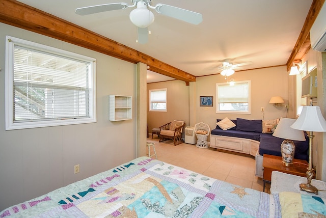 bedroom with a ceiling fan, a wall mounted AC, light tile patterned flooring, and beamed ceiling