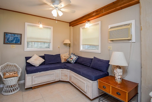 living room featuring ceiling fan, ornamental molding, an AC wall unit, and light tile patterned flooring