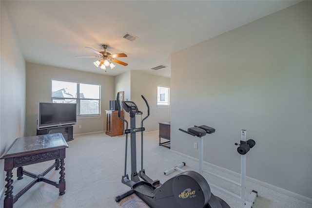 exercise room with ceiling fan, visible vents, and a healthy amount of sunlight