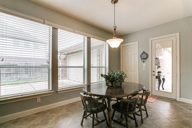 dining area featuring baseboards, a healthy amount of sunlight, and tile patterned flooring