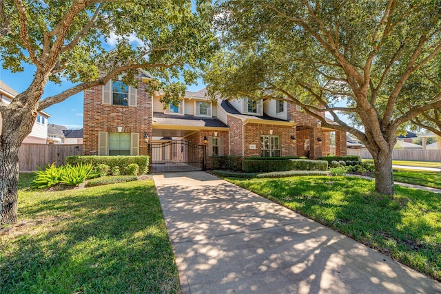 view of front of house featuring brick siding, a front yard, a gate, fence private yard, and driveway