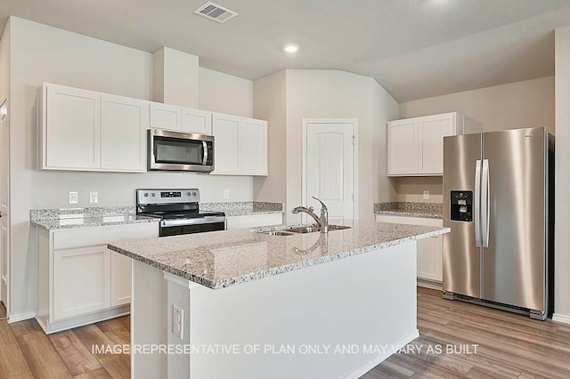 kitchen with white cabinets, appliances with stainless steel finishes, a sink, light wood-style floors, and visible vents