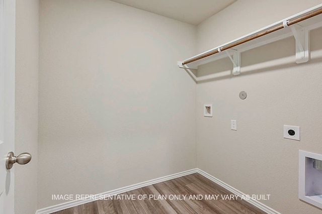 washroom featuring laundry area, wood finished floors, baseboards, hookup for a washing machine, and hookup for an electric dryer