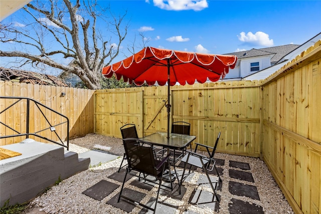 view of patio / terrace featuring a fenced backyard and outdoor dining space