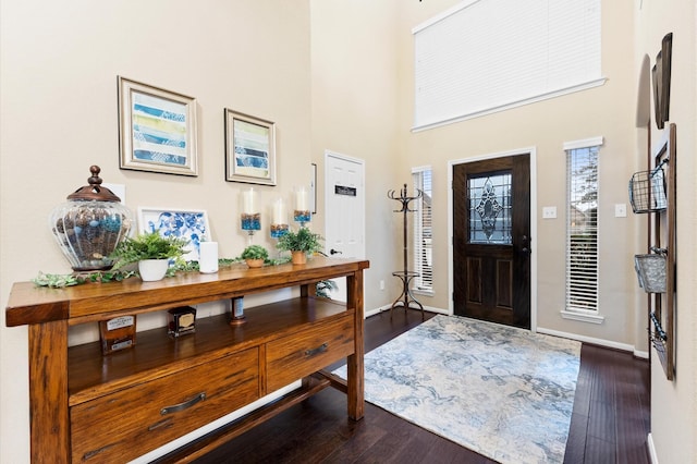 foyer featuring baseboards, dark wood-style floors, and a high ceiling