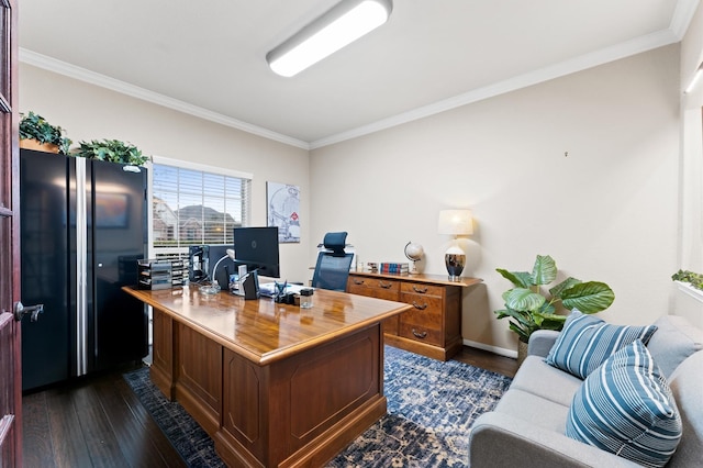 home office with baseboards, ornamental molding, and dark wood finished floors