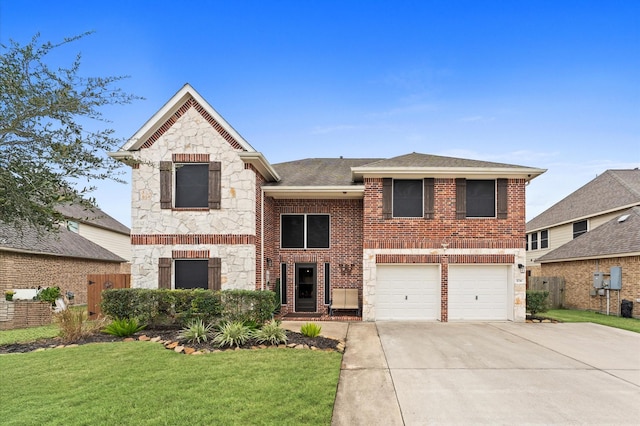 view of front of house featuring driveway, brick siding, a front lawn, an attached garage, and stone siding