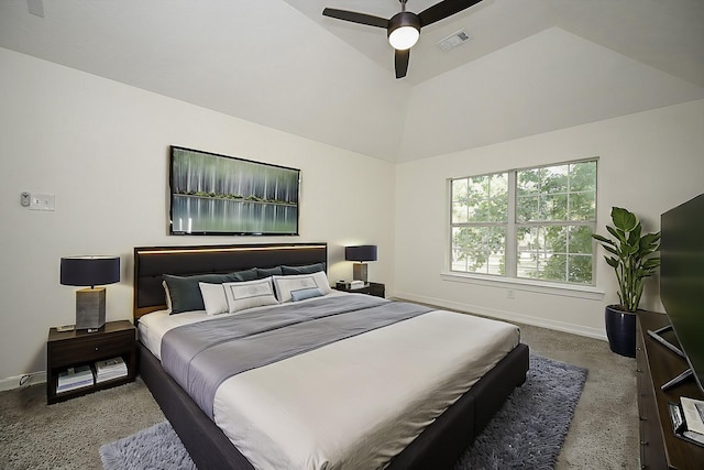 carpeted bedroom featuring visible vents, baseboards, ceiling fan, and lofted ceiling