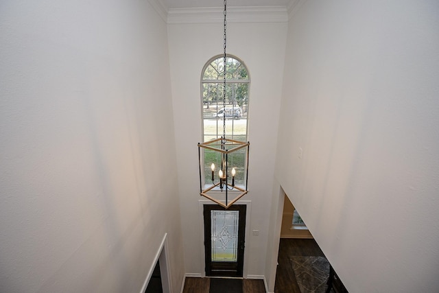 entryway featuring crown molding, a towering ceiling, dark wood-style flooring, and a notable chandelier