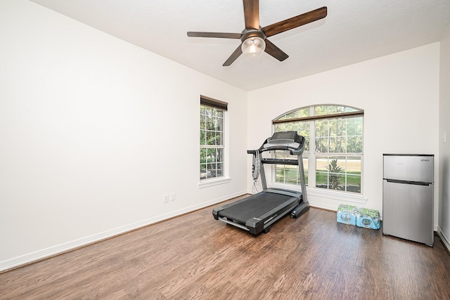exercise room with baseboards, a ceiling fan, and wood finished floors