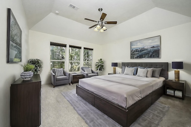 bedroom featuring a ceiling fan, visible vents, and speckled floor