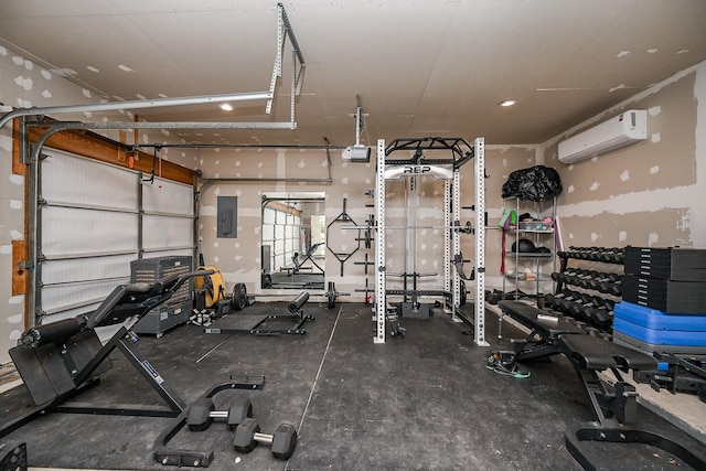 workout room featuring electric panel and an AC wall unit