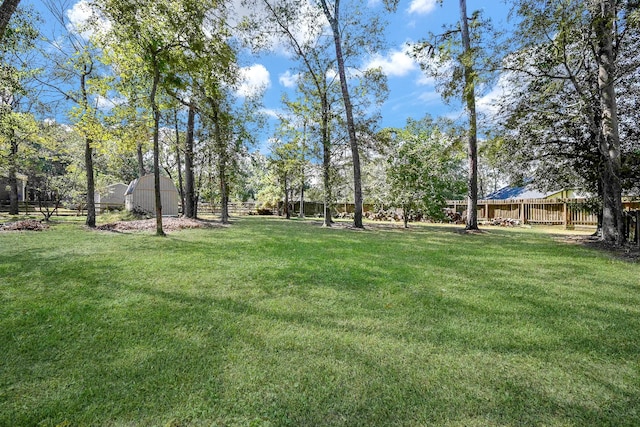 view of yard with a storage shed, an outbuilding, and a fenced backyard