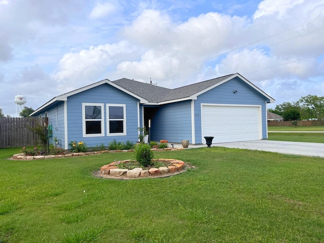 single story home with roof with shingles, a front yard, a garage, fence, and concrete driveway