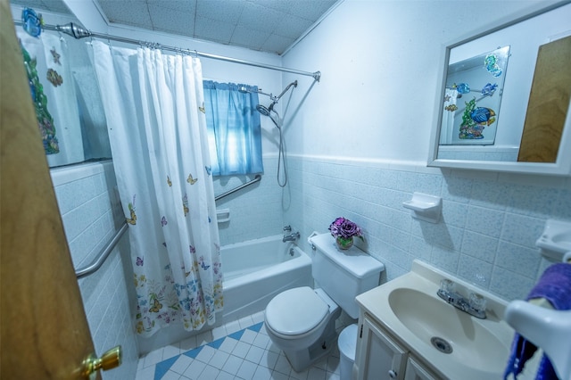 bathroom with tile walls, tile patterned floors, toilet, and shower / bathtub combination with curtain
