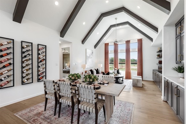 17703 Monarch Vista Ln, Conroe, TX 77302 - dining space featuring beam ceiling, recessed lighting, light wood-type flooring, a ceiling fan, and high vaulted ceiling