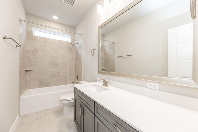 full bathroom featuring visible vents, vanity, toilet, washtub / shower combination, and recessed lighting