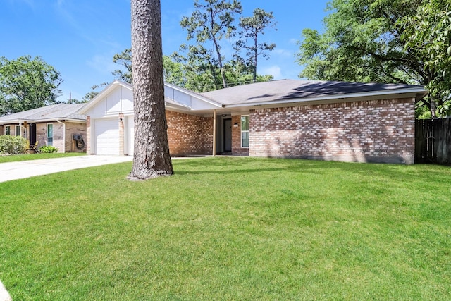 ranch-style house with concrete driveway, brick siding, a front lawn, and a garage