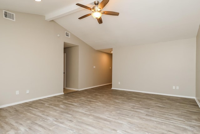 unfurnished room with visible vents, light wood-style floors, ceiling fan, and baseboards