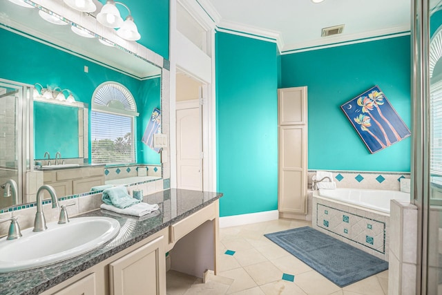 bathroom featuring visible vents, tile patterned flooring, ornamental molding, a bath, and a stall shower