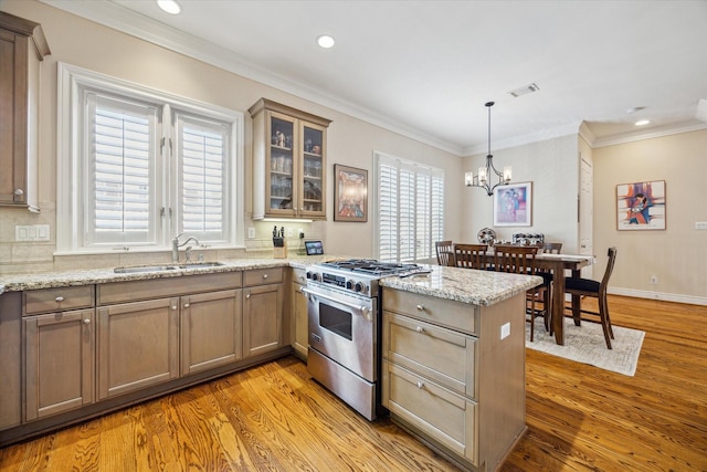 kitchen with a peninsula, a sink, high end stainless steel range oven, and light wood-style flooring