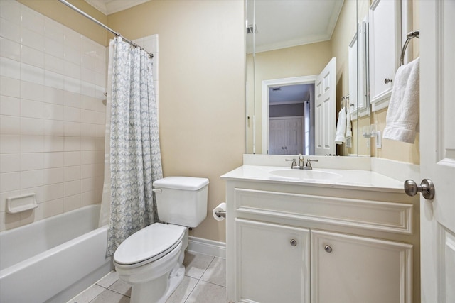 full bathroom featuring crown molding, tile patterned flooring, vanity, toilet, and shower / bath combo with shower curtain