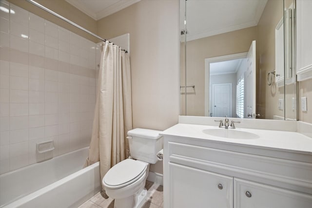 bathroom with crown molding, toilet, vanity, and shower / bath combo with shower curtain