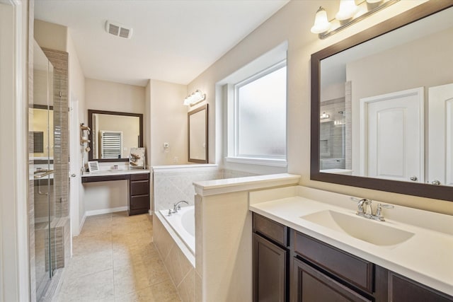 bathroom with a tile shower, tile patterned flooring, vanity, visible vents, and a bath