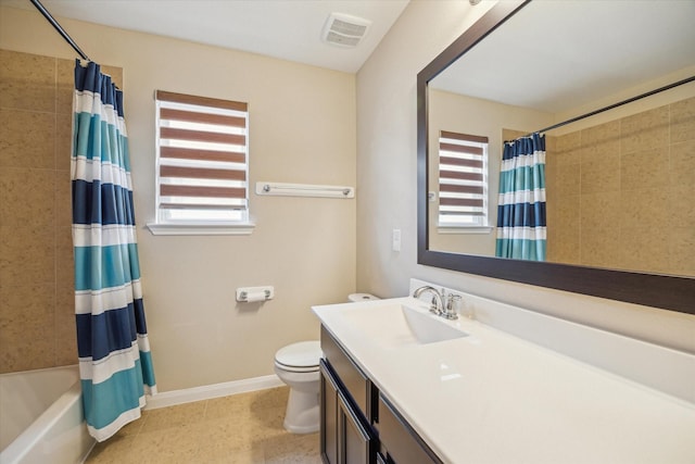 bathroom featuring shower / tub combo with curtain, vanity, toilet, baseboards, and visible vents