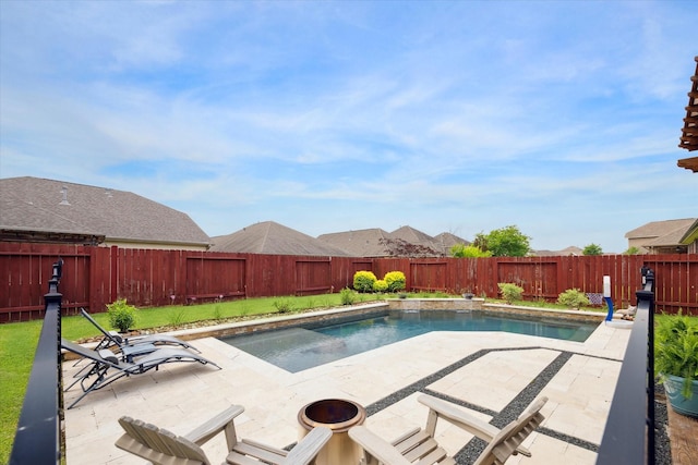 view of pool featuring a fenced backyard, a fenced in pool, a fire pit, and a patio area