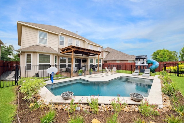 view of swimming pool featuring a patio, a fenced backyard, a pergola, and a fenced in pool