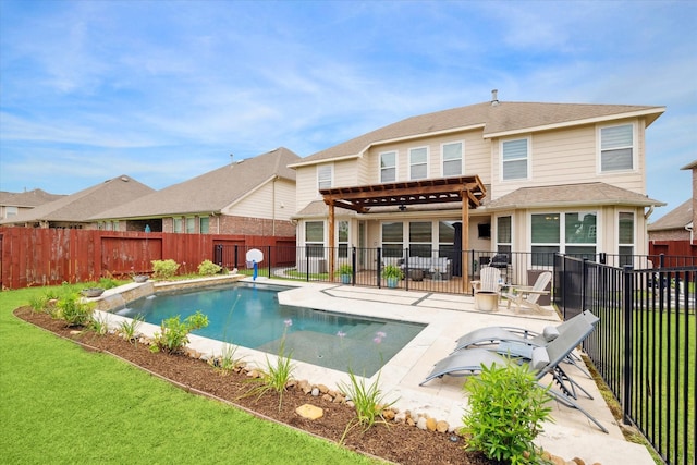 rear view of house featuring a pergola, a fenced backyard, a fenced in pool, a patio area, and a lawn
