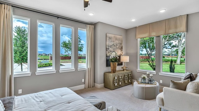 living room with baseboards, carpet, ceiling fan, and a healthy amount of sunlight